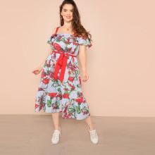 Shein Plus Mixed Print Cold Shoulder Fit & Flare Belted Dress