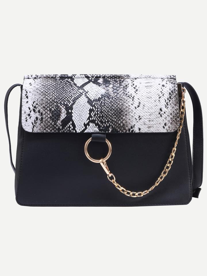 Shein Black Snake Embossed Ring Chain Accent Flap Bag