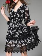 Shein Black V Neck Print Contrast Lace Dress