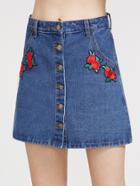 Shein Embroidered Rose Patch Button Up Denim Skirt