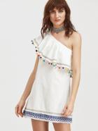 Shein Embroidered Tape And Pom Pom Detail One Shoulder Dress