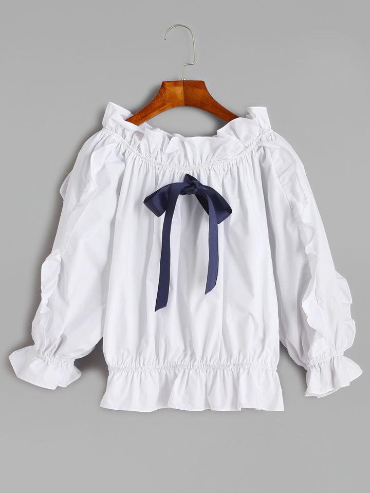 Shein White Lantern Sleeve Bow Tie Ruffle Top