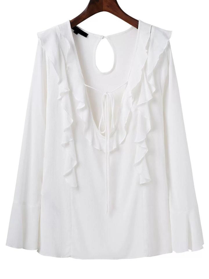 Shein White Deep V Neck Frill Trim Top With Tie Detail