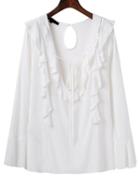 Shein White Deep V Neck Frill Trim Top With Tie Detail