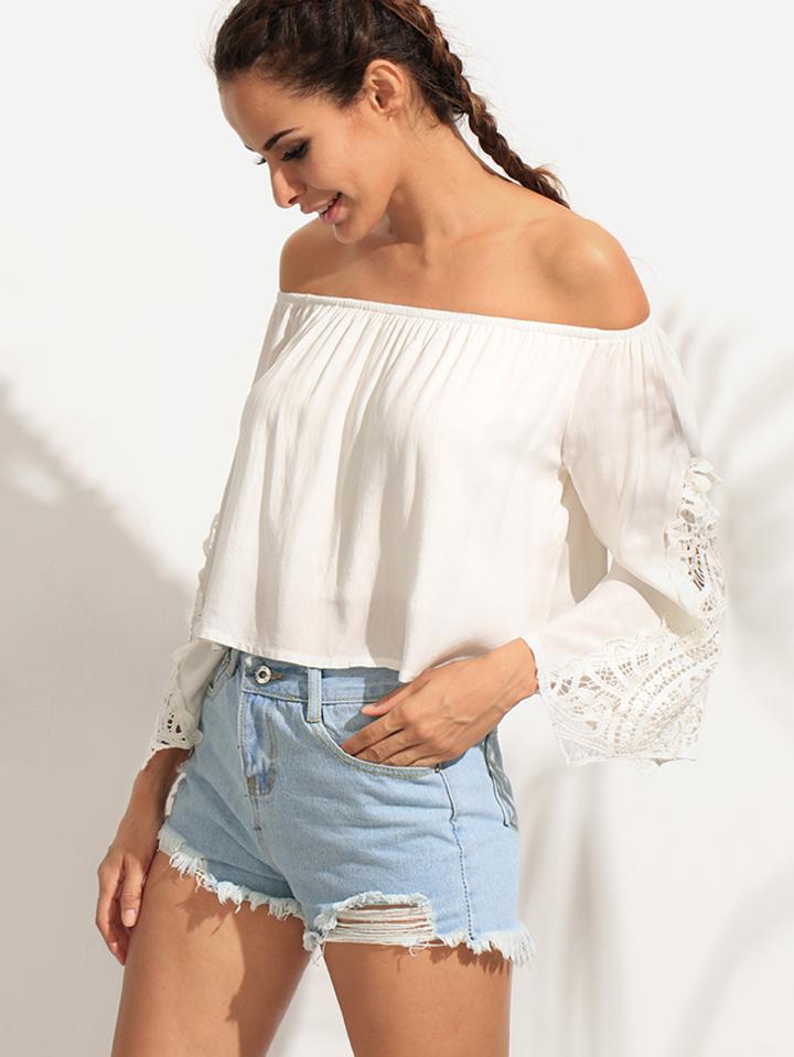 Shein White Crochet Insert Off The Shoulder Top