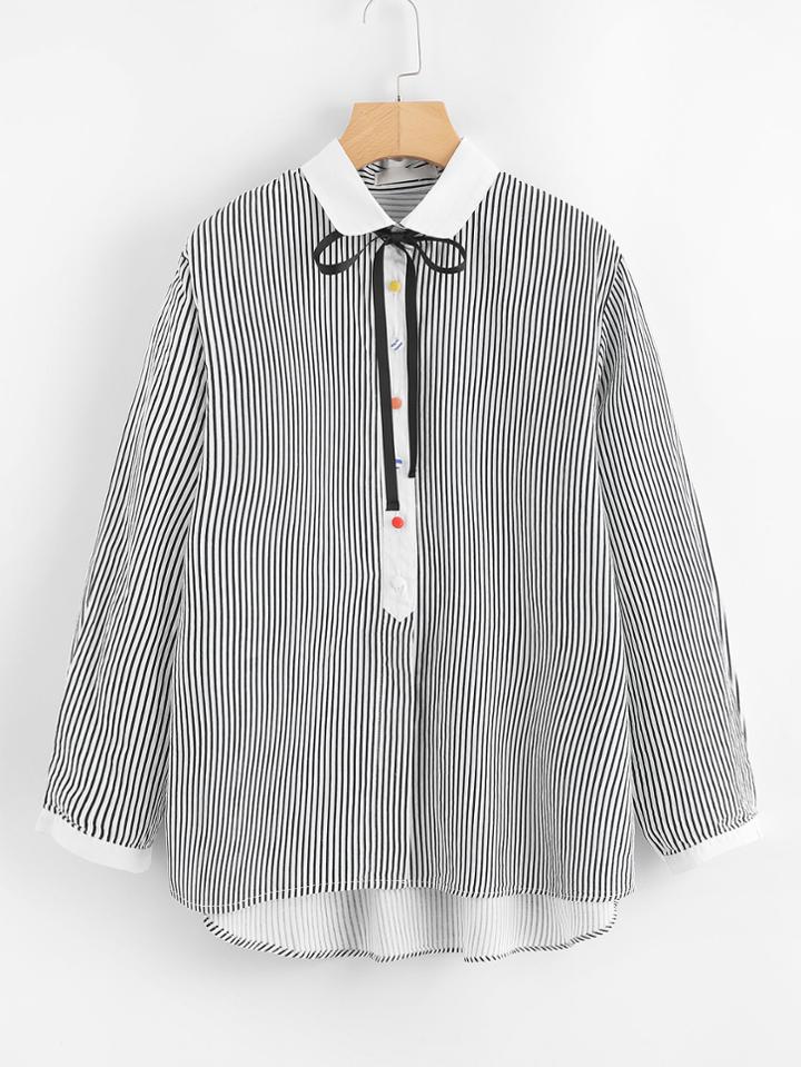 Shein Tie Neck Step Hem Striped Blouse