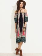 Shein Multicolor Vintage Print Off The Shoulder Midi Dress