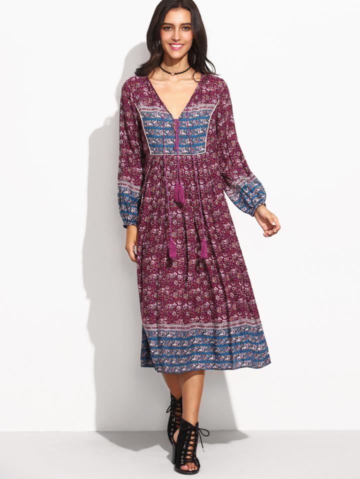 Shein Tribal Print V Neck Long Sleeve Midi Dress