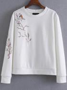 Shein White Plum Embroidery Casual Sweatshirt