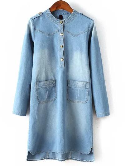 Shein Blue Stand Collar Epaulet Bleached Denim Dress