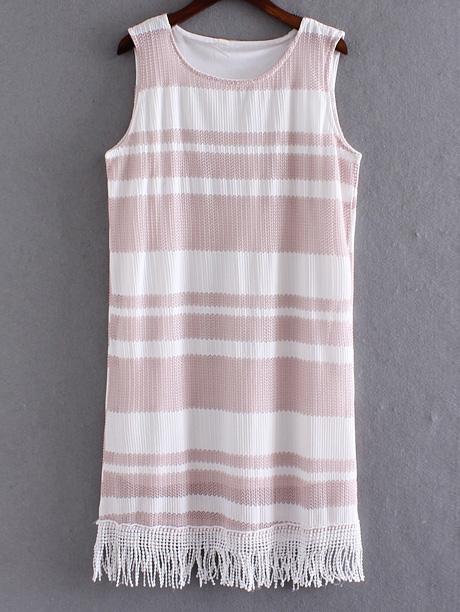 Shein Pink Sleeveless Fringe Hem Striped Lace Dress