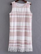 Shein Pink Sleeveless Fringe Hem Striped Lace Dress