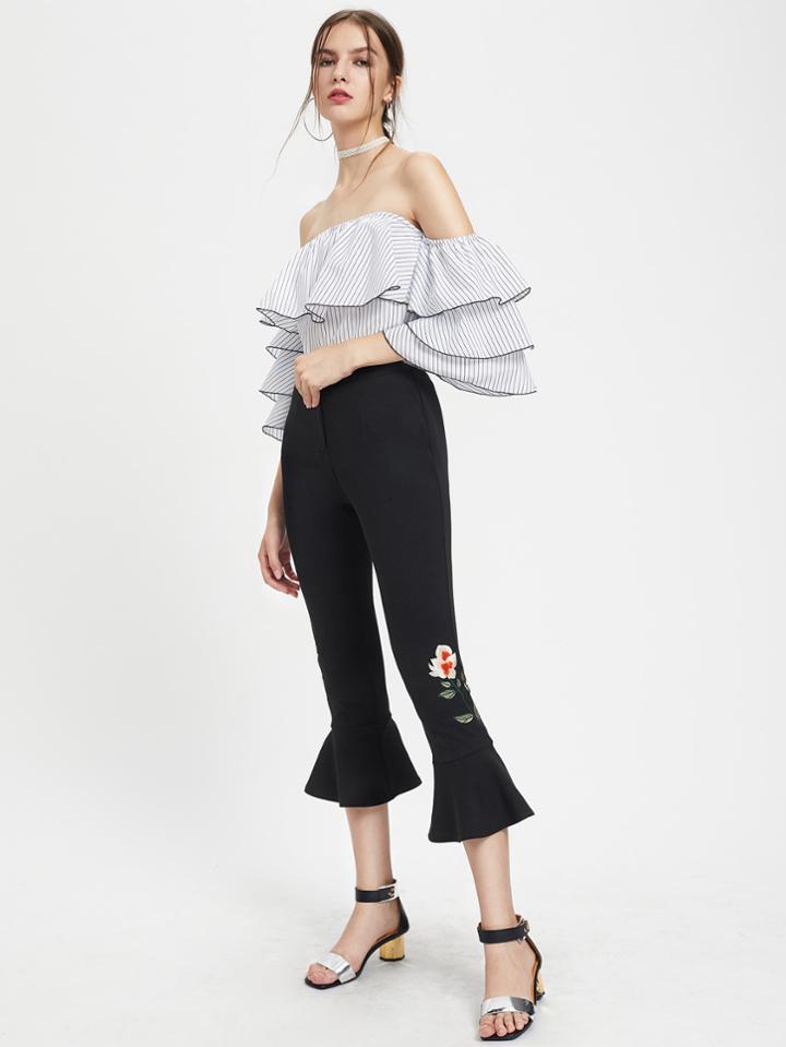 Shein Embroidered Flower Patch Cropped Flare Pants