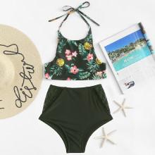 Shein Tropical Print Cut Out Back Mesh Insert Bikini Set