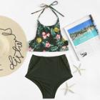 Shein Tropical Print Cut Out Back Mesh Insert Bikini Set
