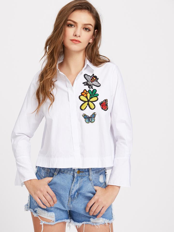 Shein Flower Applique Hidden Button Placket Blouse