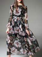 Shein Black Tie-waist Floral Maxi Dress