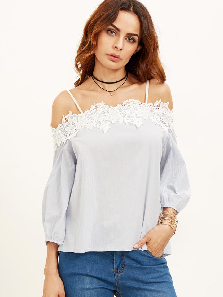 Shein Open Shoulder Appliques Lantern Sleeve Blouse
