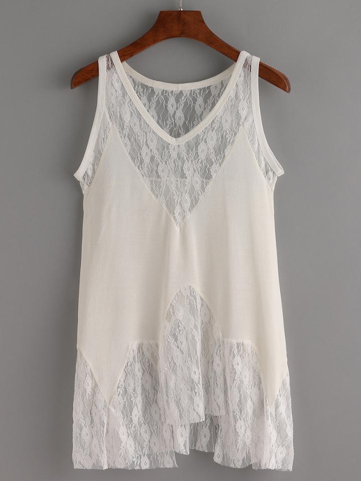 Shein White V Neck Lace Tank Top