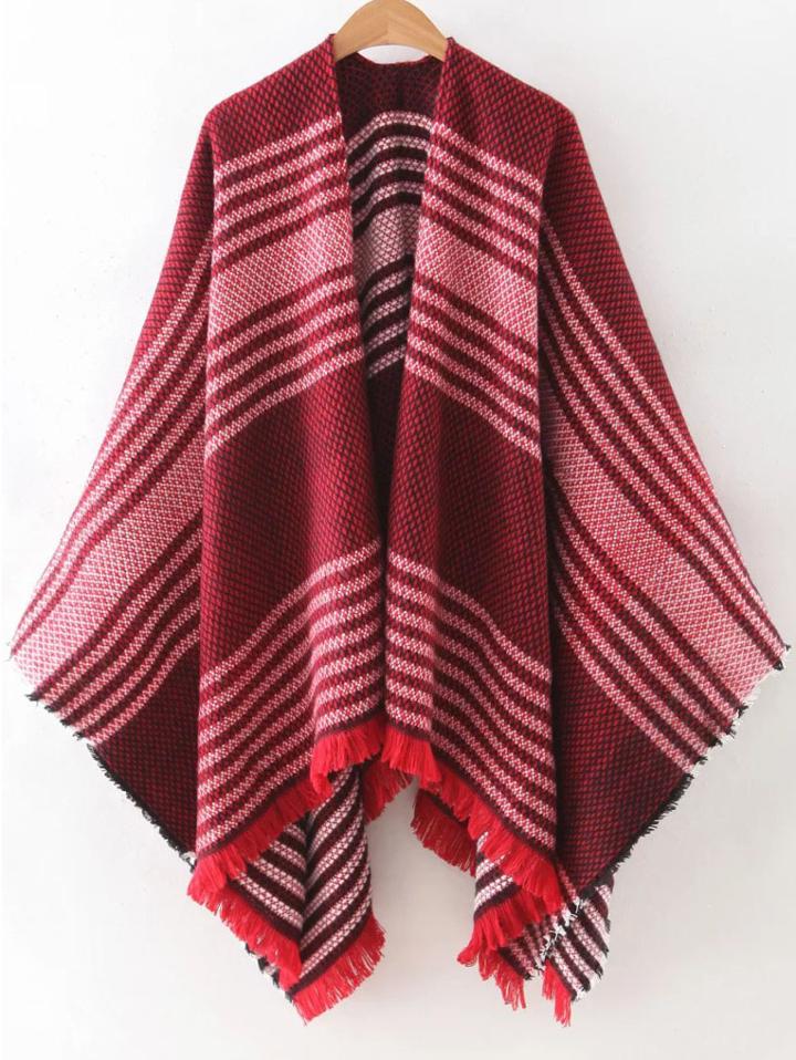Shein Red Stripe Frayed Poncho Scarf