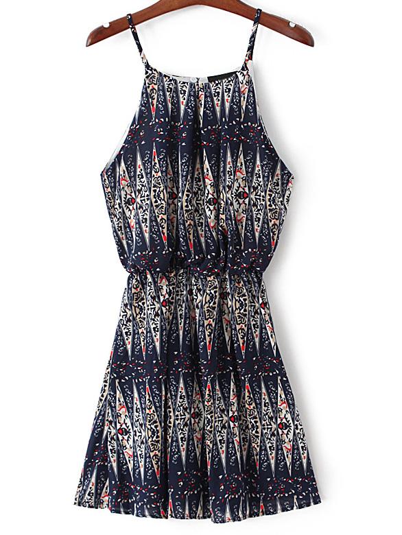 Shein Navy Elastic Waist Printed Spaghetti Strap Dress