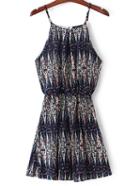Shein Navy Elastic Waist Printed Spaghetti Strap Dress