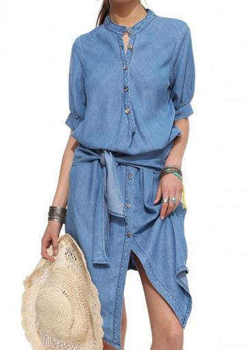 Rosewe Button Closure Asymmetric Belted Denim Dress
