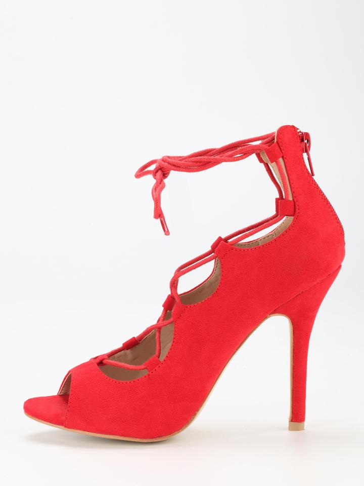 Shein Red Faux Suede Lace Up Peep Toe Pumps