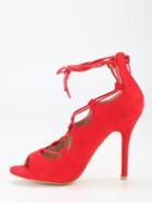 Shein Red Faux Suede Lace Up Peep Toe Pumps