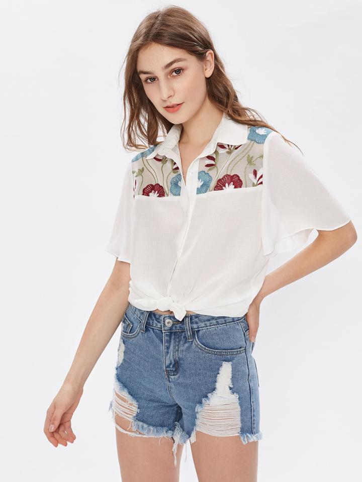Shein Flower Embroidered Yoke Cape Sleeve Semi Sheer Blouse