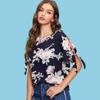 Shein Split Knot Sleeve Floral Print Top