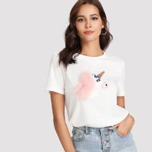 Shein Faux Fur And Sequin Embellished Embroidery Unicorn Tee