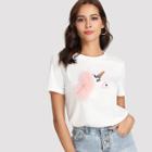 Shein Faux Fur And Sequin Embellished Embroidery Unicorn Tee