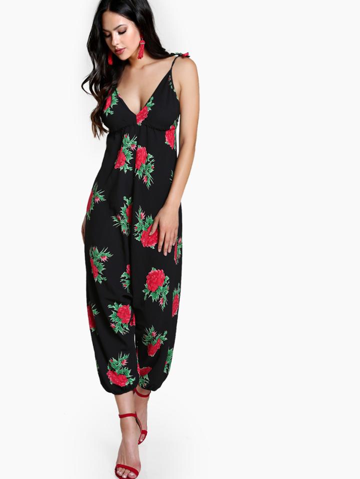 Shein Flower Print Backless Tie Shoulder Jumpsuit