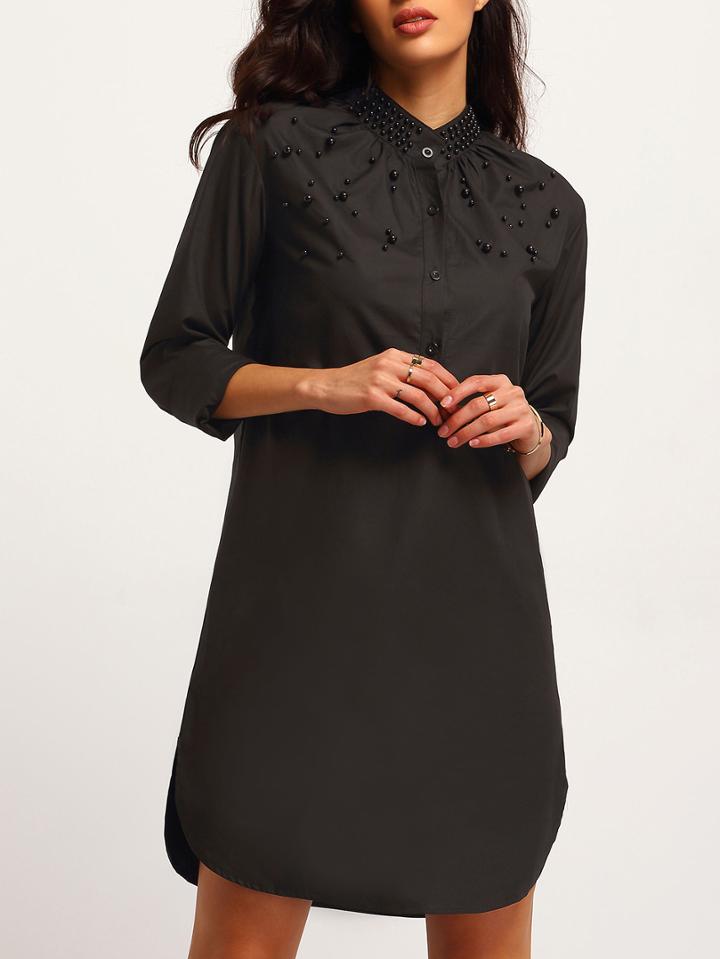 Shein Black Stand Collar Bead Shirt Dress