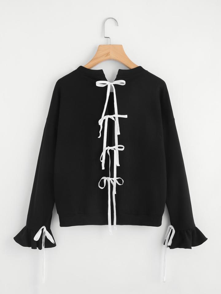 Shein Bow Tie Split Back Bell Cuff Pullover