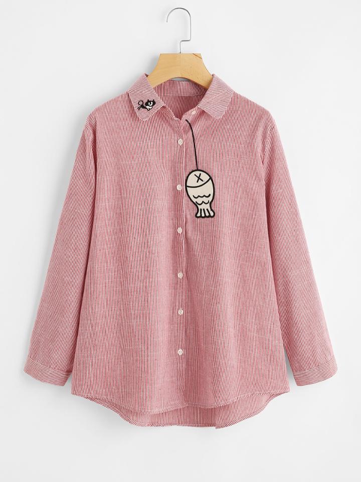 Shein Fish Embroidery Dolphin Hem Striped Blouse