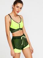 Shein Active Zipper Gym Bra With Fishnet Layered Shorts