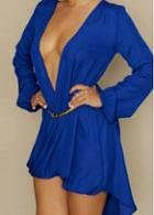 Rosewe Asymmetric Hem Plunging Neckline Royal Blue Dress