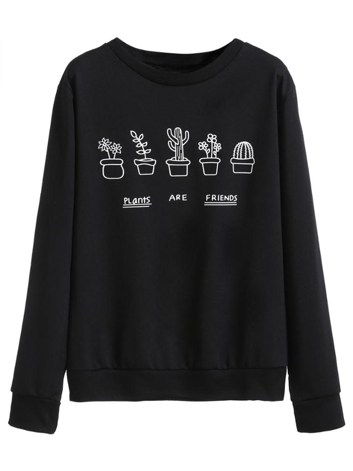 Shein Black Plants Print Sweatshirt