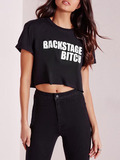Shein Black Short Sleeve Letter Print Crop T-shirt