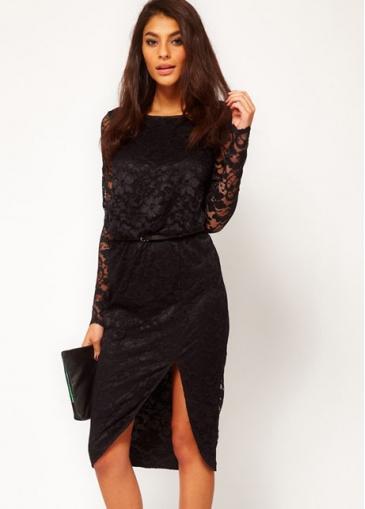 Rosewe Particular Long Sleeve Black Slit High Waist Dress