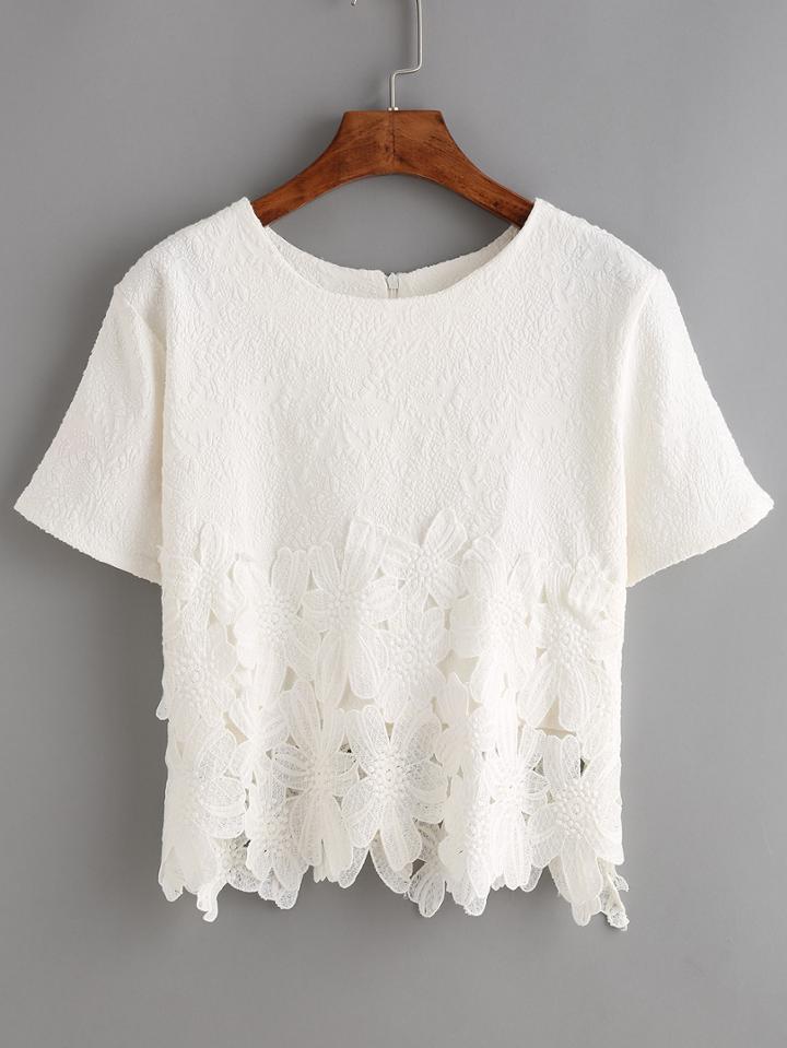 Shein Lace Insert Jacquard Zip Back Blouse