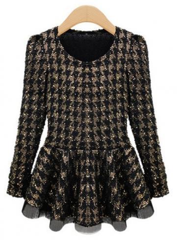 Rosewe Attractive Puff Sleeve Houndstooth Print Round Neck T Shirts