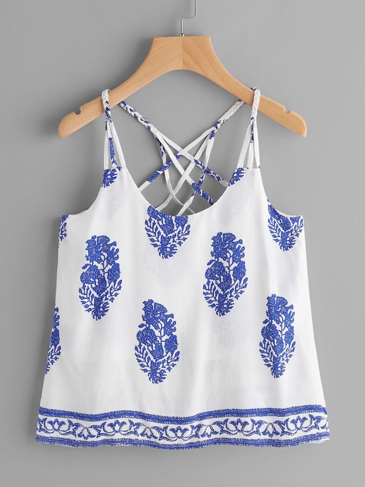 Shein Vintage Print Weave Strap Lattice Back Cami Top