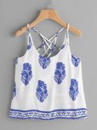 Shein Vintage Print Weave Strap Lattice Back Cami Top