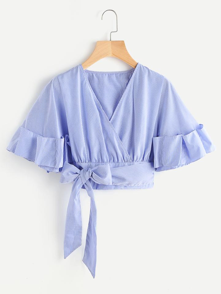 Shein V Neckline Crossover Front Bow Tie Pinstripe Top