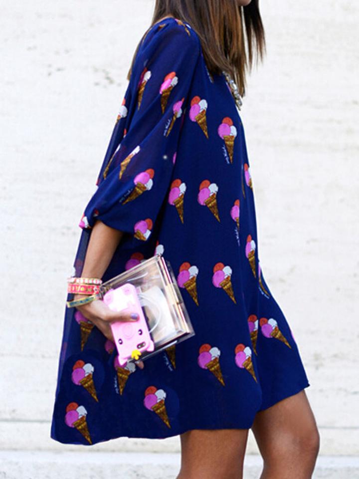 Shein Blue Round Neck Cones Print Loose Dress