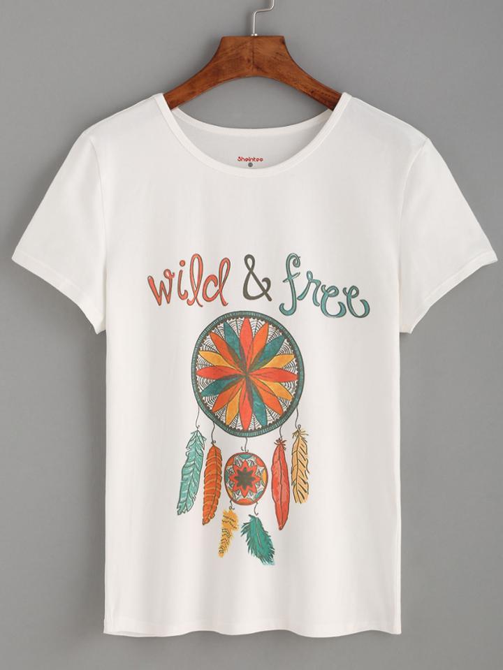 Shein White Feather Print T-shirt