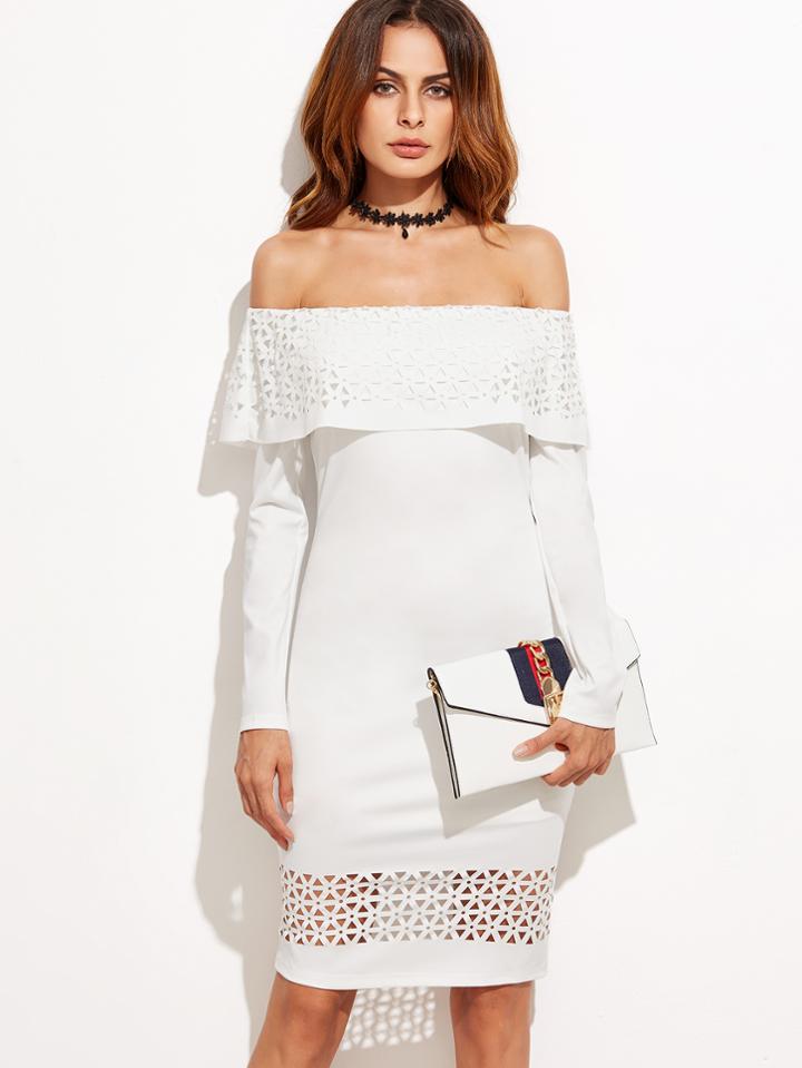 Shein White Laser Cutout Off The Shoulder Ruffle Dress